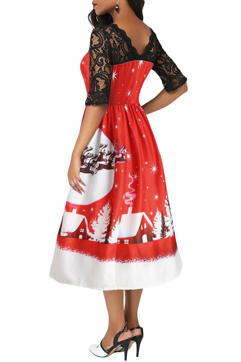 BY610920-1 JINGLE ALL THE THE WAY CHRISTMAS PRINT FLARED DRESS
